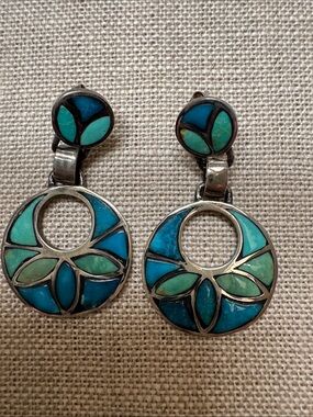 Peyote Bird Turquoise In Bloom Inlay Silver Dangle Earrings - Women's Jewelry